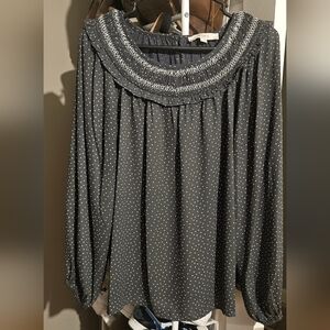 LOFT Gray Ruffled Blouse with Bib Collar